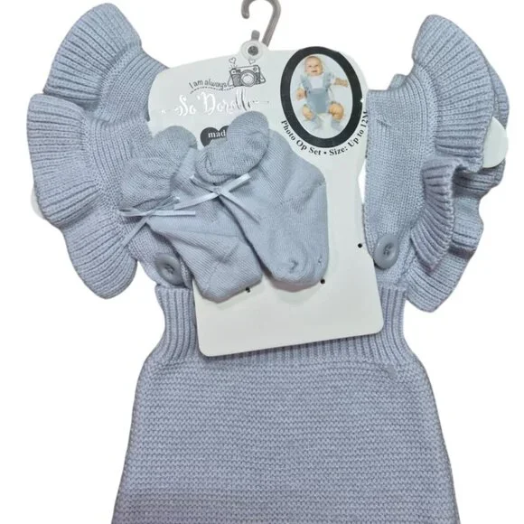 Baby Girls Outfit Set 3M Pink Bunny Romper Blue Knit Ruffle Dres Fits Up To 12M - Picture 4 of 8